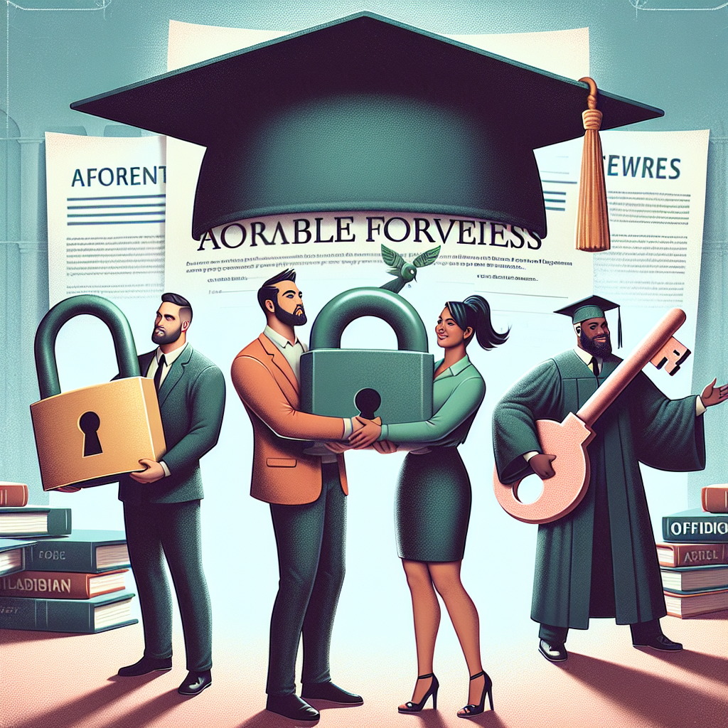 An imagined scene depicting recent changes to student loan repayment policies. Illustrate a diverse group of individuals: a Caucasian man holding a giant lock in his hands, a Hispanic woman with a giant key and a Middle-Eastern man confidently stepping forward as if towards a brighter future. They are standing in front of an oversized graduation cap, and behind them, a bold backdrop of official documents, displaying legible text about 'Affordable Forgiveness'. Infuse this image with colors that convey optimism and enablement.