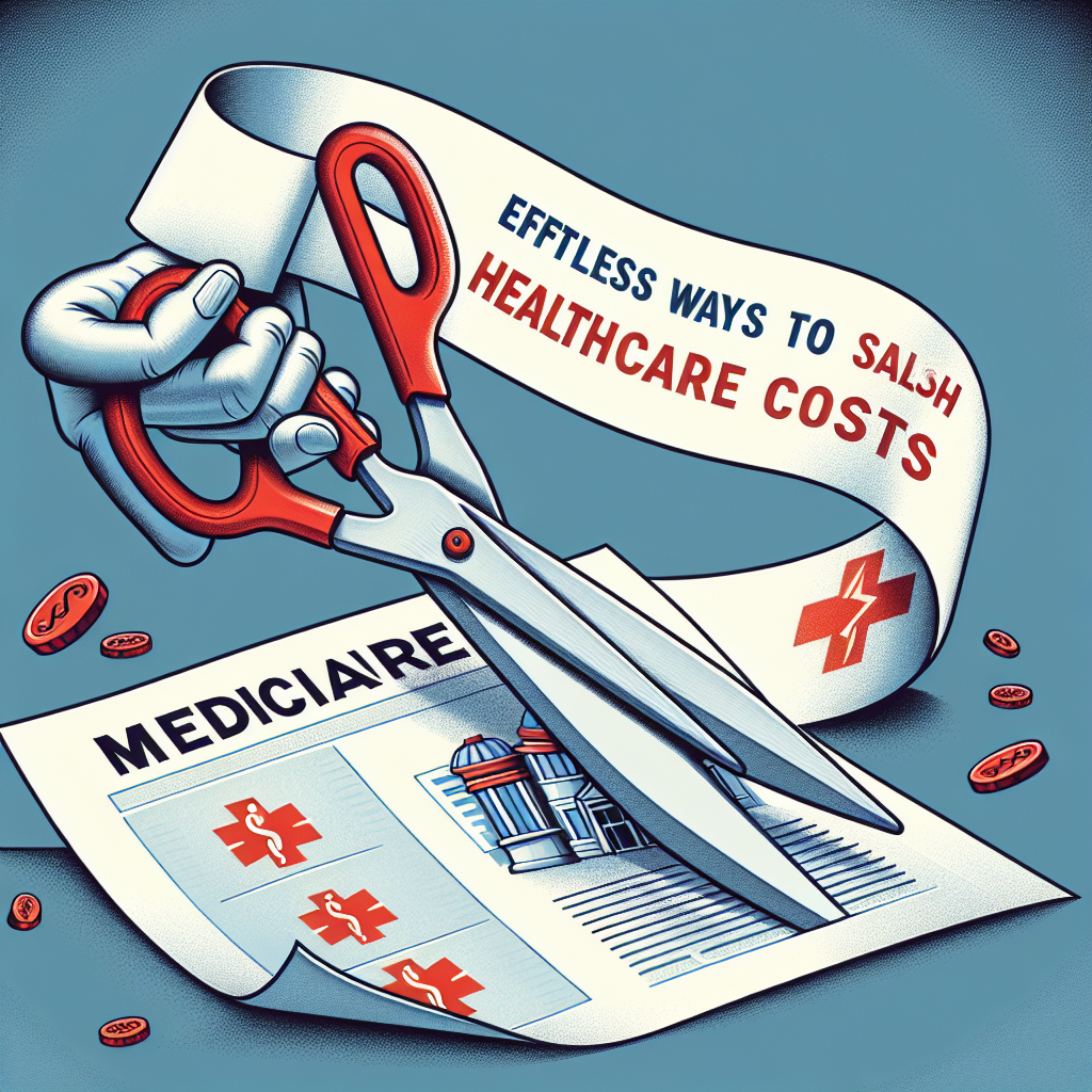 A conceptual illustration depicting the theme of Medicare changes. Show an image of a large pair of scissors with silver blades and red plastic handles, symbolizing the 'slash' in healthcare cost. They are cutting a big paper with hospital and medical icons drawn on it, representing healthcare costs. Also, show a broad banner unfurling across the scene, carrying the message 'Effortless Ways to Slash Healthcare Costs'. The overall atmosphere should be positive, suggesting ease and relief.