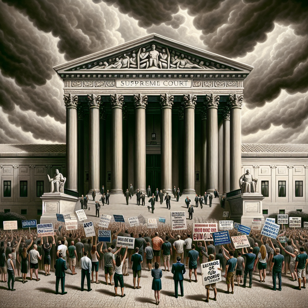 A dramatic depiction of a large, neoclassical courthouse, symbolizing the supreme court. Outside the courthouse, three groups of diverse people are gathered, each expressing a different concern. The first group, mixing men and women of different races, holds signs pertaining to abortion rights. The second includes individuals of various descents and genders, defending their stance on gun laws. The third group, a balanced mix of young men and women from diverse backgrounds, displays signs reflecting their worries about student loans. The cloudy sky overhead suggests the serious and complex nature of the decisions made within the courthouse.