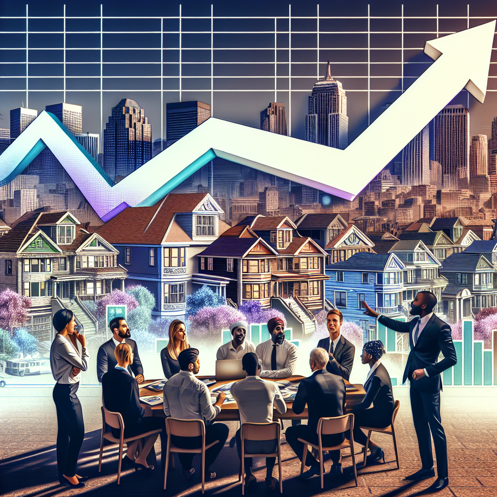 Visualize a panoptic view of a dynamic US housing market, with mortgage rate charts showing a sharp increase. The scene unfolds in a lively city with various architectural styles symbolizing diversification in the property market. To the side, a group of people from different descents; Caucasian, Hispanic, Black, Middle-Eastern, South Asian, White, displaying a comprehensive strategy blueprint for the surging market. One person can be shown pointing towards the upward graph with a thoughtful expression, suggesting tactics to navigate the rising mortgage rates. Please remember to create a daylight scene for a positive tone.