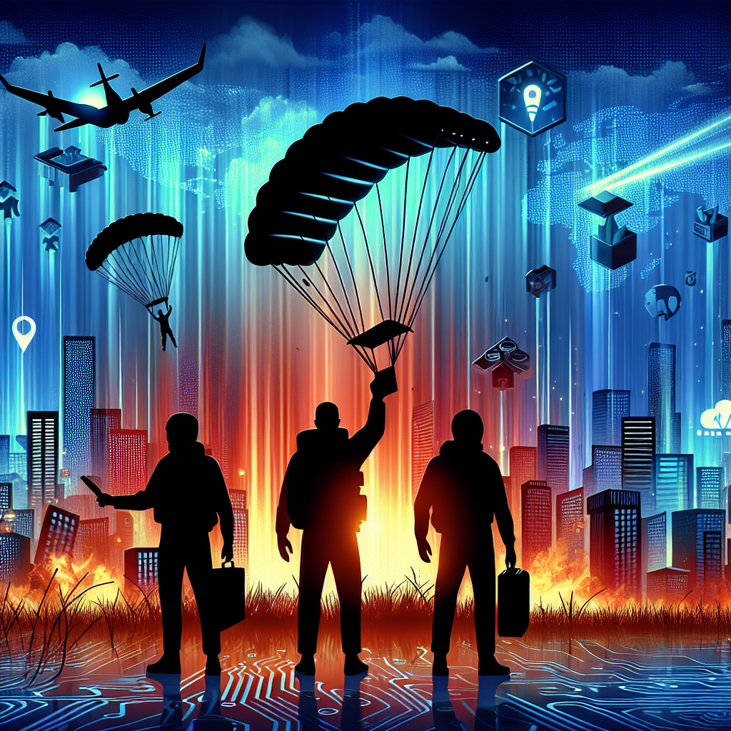 A conceptual image representing a technological storm, symbolizing crisis in major tech companies. Three silhouettes stand in the foreground, each holding different objects indicating different survival strategies: one has a parachute (representing a back-up plan), the second holds a compass (representing navigational skills in a changing landscape), and the third has a flashlight (representing the need to stay focused and informed). The backdrop could be a vivid skyline of digital buildings collapsing, symbolising layoffs in tech giants.