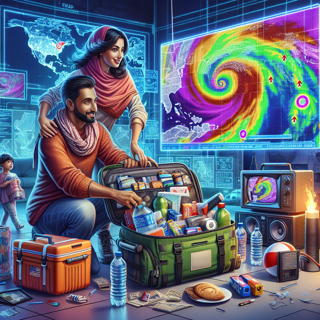 A vivid, detailed image showing a scene related to hurricane season emergency preparedness. In the foreground, a couple made up of a Middle-Eastern woman and Hispanic man, are packing essential supplies into a disaster response bag. The items include water bottles, non-perishable dietary items, batteries, and a radio. Behind them, we see a digitally-rendered, colorful map on a TV screen, highlighting potential hurricane routes with bright arrows and alerts. On the side, a Caucasian child is looking at the screen, with obvious curiosity and fascination, lending an educational and empowering tone to the scene.