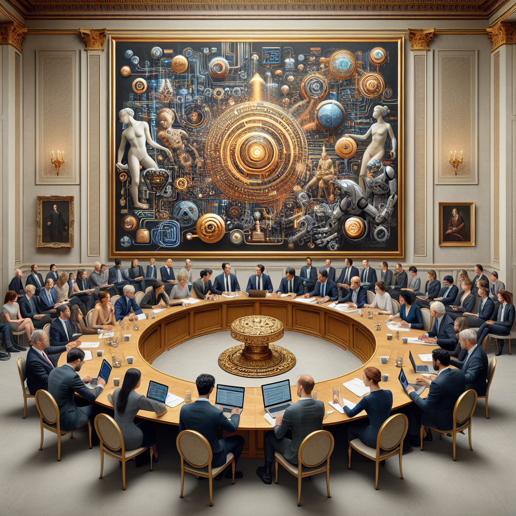A scene depicting a dynamic and formal meeting taking place in a neoclassical-styled room with a large round wooden table at the center. A diverse group of people representing different genders and descents are gathered around the table, engaged in deep discussion. Some people have printed documents, others are using laptops. On a prominent wall in the background, there is a visually striking painting depicting the concept of artificial intelligence through symbols and metaphors, such as symbolic circuit patterns, gears, and robotic figures. Front and center on the table, there is a golden plaque that reads 'Best Practices for AI Regulation.'