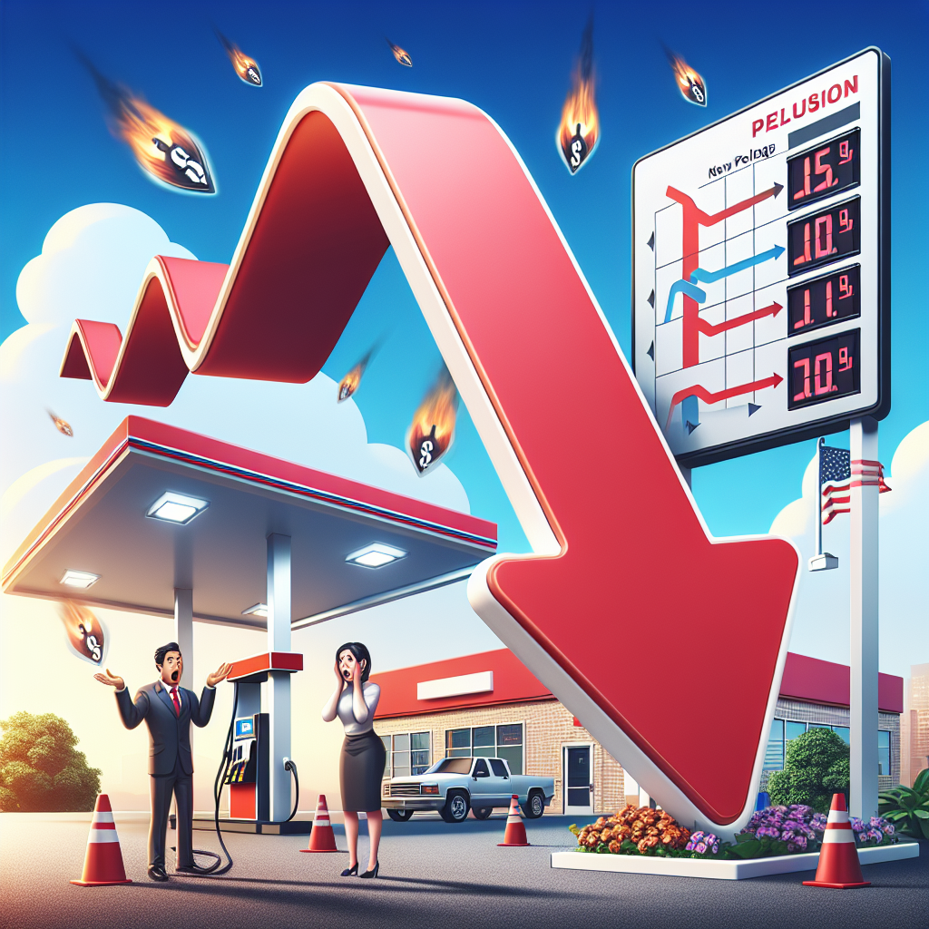 A high-quality image illustrating the concept of plummeting gas prices in the United States. The scene involves a large symbolic arrow, colored in red, pointing down against the backdrop of a gas station. Besides, there's signboard, with detailed flowchart of new energy policy changes and solution proposals. For depiction of people, consider including an Asian male gas station owner expressing surprise and a Black female customer feeling elated due to falling prices. Imagine this all under a vibrant, sunny sky to encapsulate a sense of hope and positiveness.