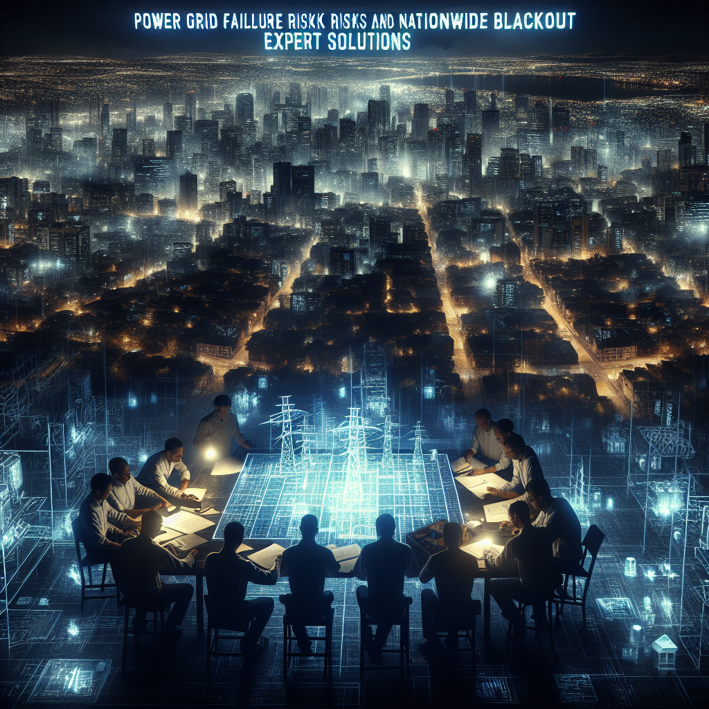 Depict a dense cityscape at night, plunged into darkness due to a power grid failure. Across the dark sky, the words 'Power Grid Failure Risks and Nationwide Blackout: Expert Solutions' are emblazoned in luminous letters. This is contrasted by a small, bright spot in the city: a group of multi-ethnic male and female electricians and engineers gathered around a lit table, earnestly discussing strategies and solutions to restore power. The table is filled with blueprints, tools, and a 3D holographic model of a power grid. Their collective effort shines as a beacon of hope in the engulfing darkness.