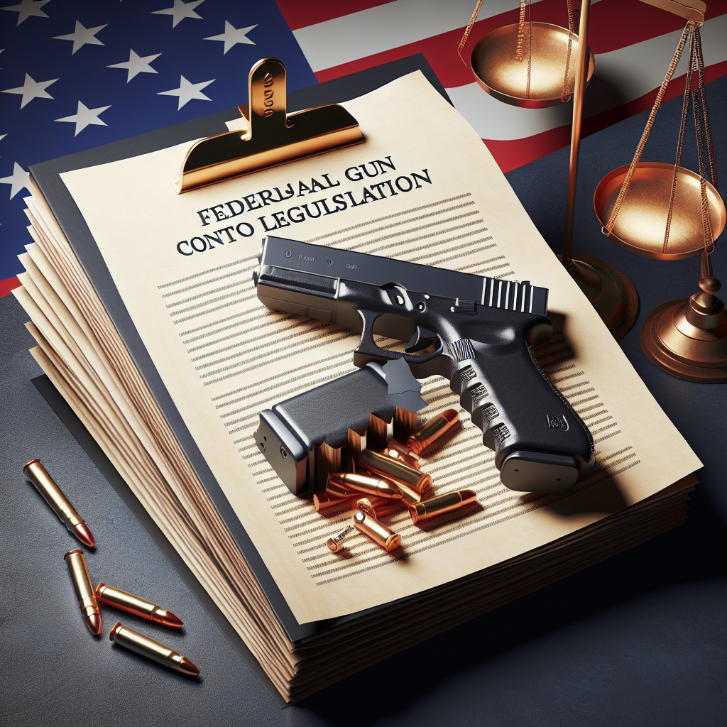 Visualize a symbolic image that represents the theme of combating gun violence with effective laws for a high-quality article on federal gun control legislation. Please depict a stack of legal documents with the words 'Federal Gun Control Legislation' on the topmost paper. Next to it, show a broken handgun to symbolize the reduction of gun violence. The background should have a balance scale representing justice, and American flag colors subtly incorporated into the design. This image should be rendered in a realistic style.