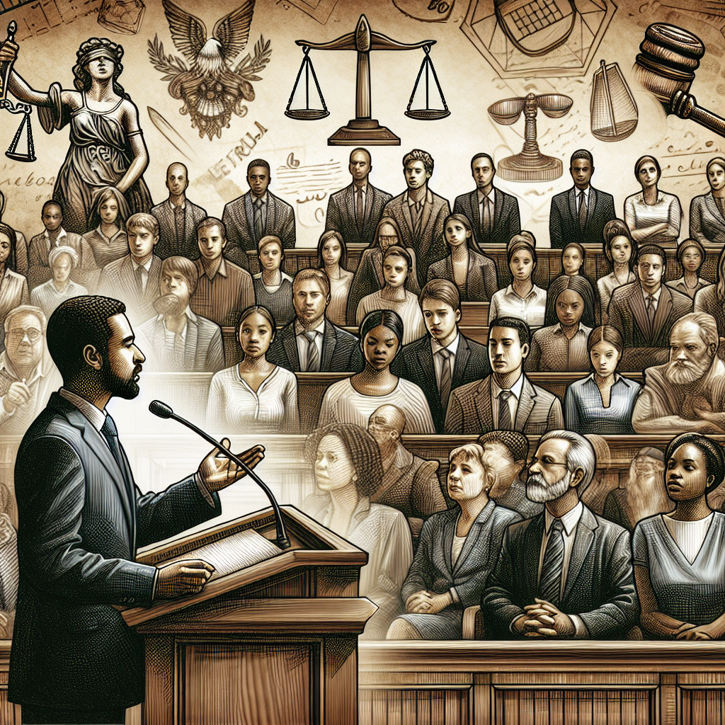 A detailed scene featuring a row of wooden seats occupied by a diverse crowd of spectators inside a time-worn courthouse. There's a Middle-Eastern male lawyer giving a persuasive speech to the jury and an African female judge attentively listening, taking notes. An illustrative wallpaper focused on iconic symbolic elements of law such as a gavel, scales of justice, and legal codes are subtly faded in the background.