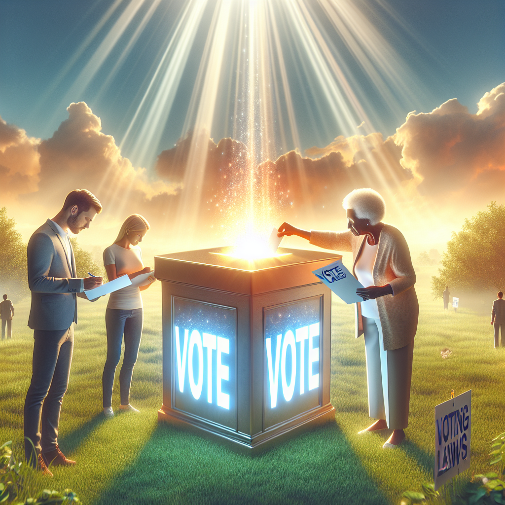 Create an image of an illuminated ballot box with rays of sunlight emerging from it, symbolizing a brighter future. The scene takes place in a serene open space with lush green grass under a bright blue sky. You see a young Caucasian male examining a voters' guide while an elderly African woman is confidently dropping her vote into the glowing ballot box. Off to the side, a pair of Hispanic teenagers are engaged in a conversation, a paper titled 'Voting Laws' in their hands. The overall environment radiates hope and positivity.