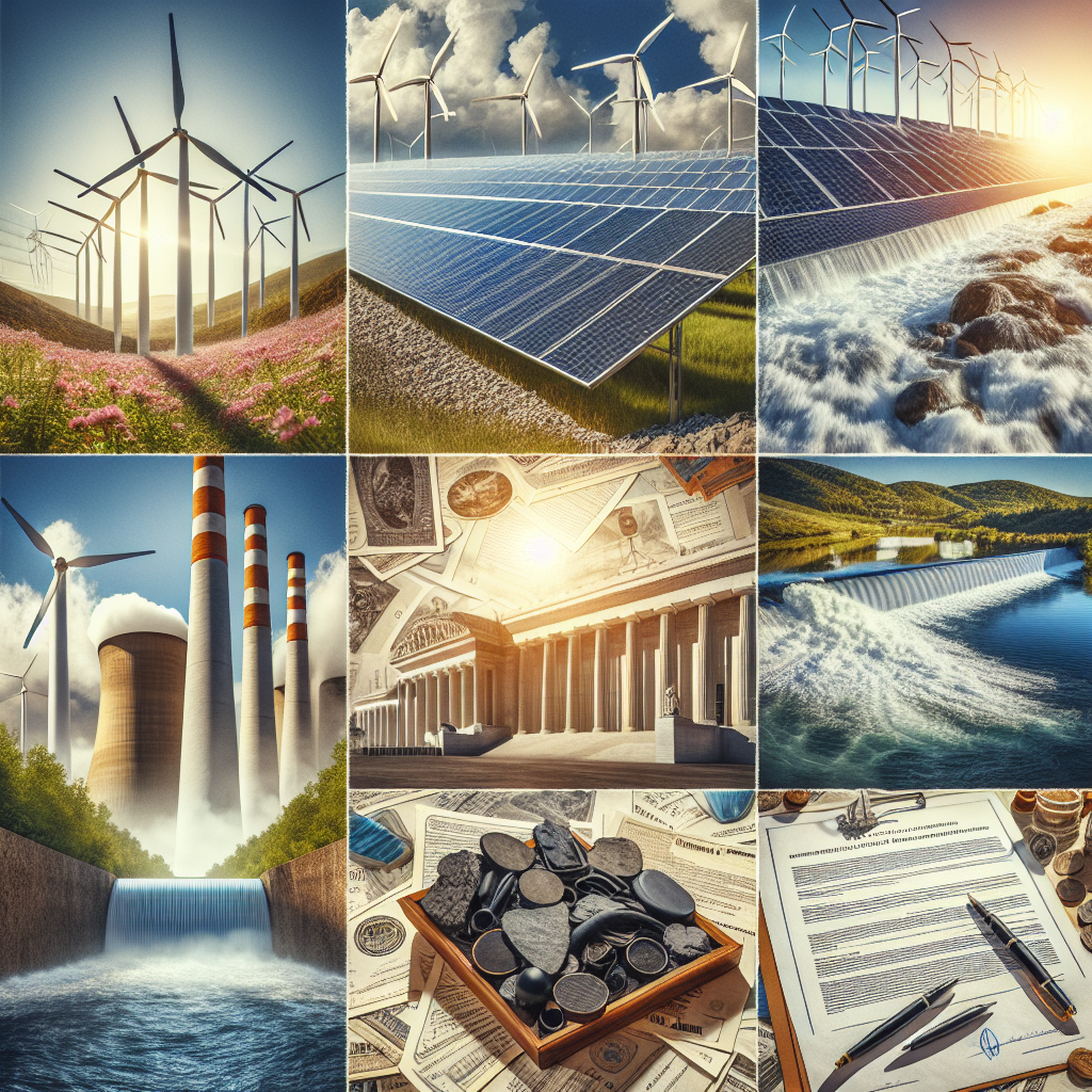 A montage showcasing the key elements of clean energy investments. This can include wind turbines gracefully slicing through the sky, sunlight illuminating the expansive surface of solar panels, and a hydroelectric dam amidst a rushing river. Meanwhile, on the side, show a pile of traditional fossil fuel resources, visibly smaller in comparison. Intersperse these visuals with formal documentation representing transformative climate change legislation, such as papers with official government stamps and ribbons. The overall tone of the image should be a positive leap forward, reflecting the transition from older, less environmentally friendly energy sources to clean, sustainable alternatives.
