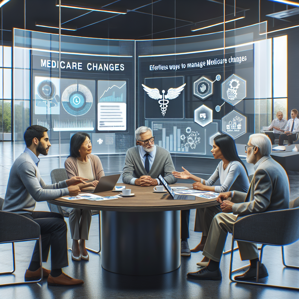 An image depicting a heterogeneous group of people, showcasing an East Asian man, an African woman, a Caucasian elderly couple, and a Middle Eastern young adult, all engaged in a constructive discussion around a round table. On the table, there are various documents and digital devices showing charts representing Medicare changes, an infographic explaining Insurance Reforms and a guide titled 'Effortless Ways to Manage Medicare Changes'. A large, sleek, modern office setting serves as a backdrop.