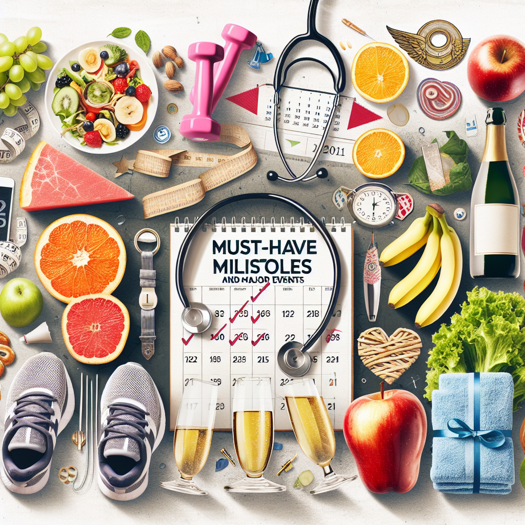 A collage showcasing health and wellness symbols, such as a stethoscope, a healthy meal, fresh fruits, dumbbells, running shoes, and a finish line banner, interspersed with representation of milestones such as a calendar with marked dates, and champagne glasses toasting. Overlay text reads: 'Must-Have Milestones and Major Events'.