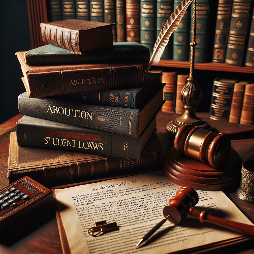 An antique wooden gavel resting on a pile of books relating to abortion, gun laws, and student loans. The books are neatly stacked on a prestigious library desk. On a nearby notepad, there's handwritten analysis of recent Supreme Court Rulings pertaining to these subjects. A classic feather quill dipping into an inkwell is also on the desk. The scene is set in a quiet, studious environment. A dimly lit desk lamp subtly highlights the scene but also casts dramatic shadows. The atmosphere is nostalgic but tense, signifying the importance and gravity of the subjects under discussion.