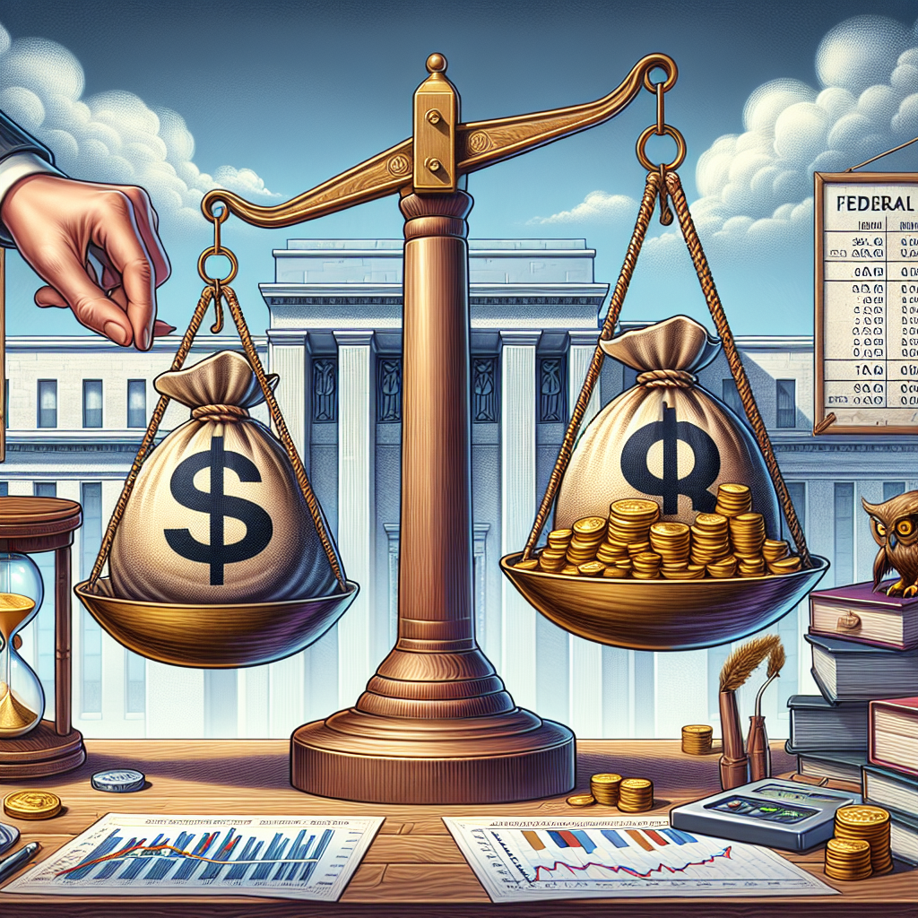 Illustrate a thoughtfully composed scene representing the concept of managing inflation. Include a large, detailed scale balancing two heavy bags, one marked with a dollar symbol ($), representing the US economy, and the other filled with gold coins, symbolizing inflation. Additionally, show a hand adjusting the scale to maintain balance. The background should include a large institutional building symbolizing the Federal Reserve. Also, incorporate stacked finance books and charts showing interest rates and financial data around the room. For extra detail, include a hourglass nearing its end, signifying the timing of decisions.