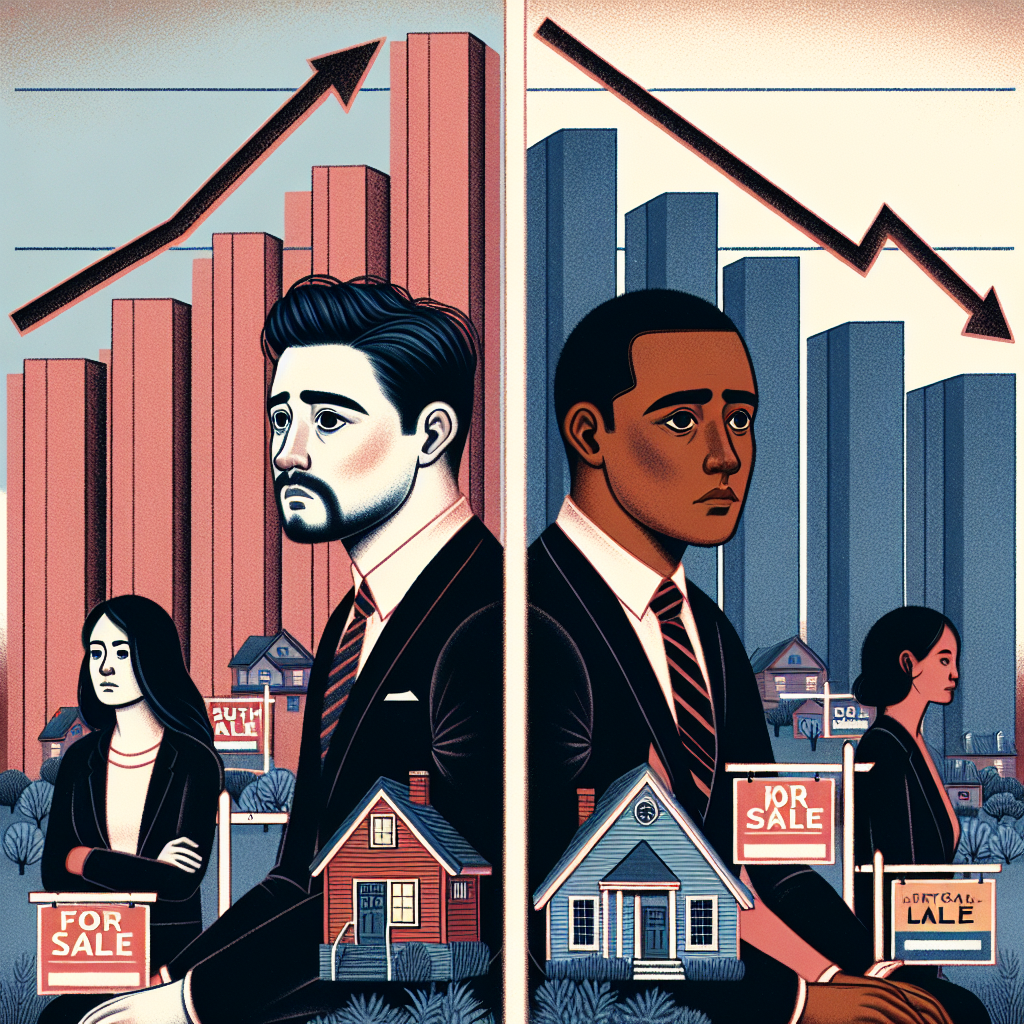 An illustration divided in two halves, the left half depicts the crisis in the US housing market: a Caucasian man and a Hispanic woman in distress, with high-rising bar graphs representing mortgage rates behind them. The right half depicts the solutions: a South Asian man and a Black woman working together, above them, a downward curve representing decreasing mortgage rates and an illustration of a stable house. The whole image has a backdrop of a real estate landscape with for sale signs, banks, and residential houses.