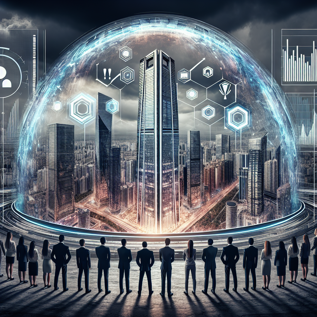 Create an image of a dramatic cityscape with a mix of futuristic and traditional architecture. In the center stands a large, sleek, modern skyscraper symbolizing a tech giant. It is reflected in a glass dome displaying various futuristic tech symbols. Overlay this scene with a digital display showing a chart with a downward trend, implying job cuts. Include diverse set of worried white-collar workers, with an equal mix of races such as Black, Hispanic, and East Asian, and varied genders looking at the display. Please remember to exclude identifiable logos or company names.