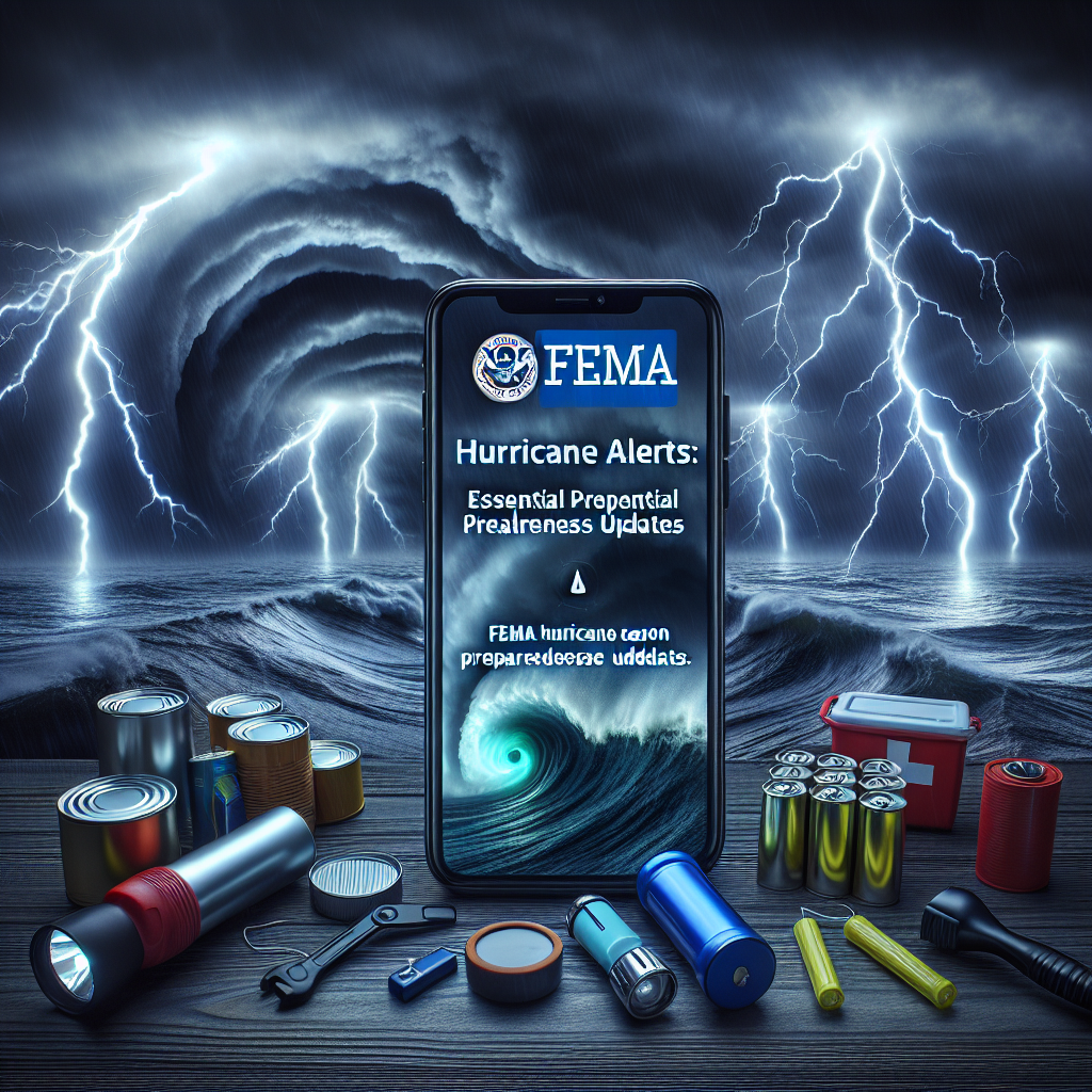 Visualize a powerful, dark storm brewing over a turbulent ocean, with impressive lightning strikes piercing the otherwise darkness. In the foreground, an electronic device such as a smartphone displaying the alert from FEMA regarding the upcoming hurricane season and its essential preparedness updates. Display the title 'FEMA Hurricane Season Alerts: Essential Preparedness Updates' prominently on the picture. Finally, scatter some emergency supplies like flashlight, canned food, batteries, and a first-aid kit nearby, symbolizing preparedness for the potentially devastating event.