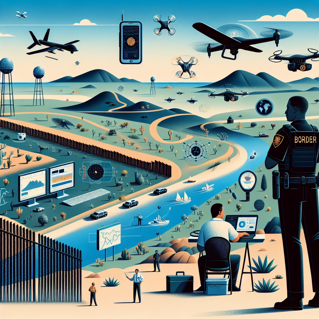 Illustrate an image depicting an array of different measures for border security enhancements in a modern, thought-provoking way. The image should show high-tech security systems like drones, infrared sensors, electronic fences in use along a border characterized by a variety of landscapes: portions of desert, river, and mountain terrain. Include people who are professionals working there: make one of them a Caucasian female data analyst, and the other a Black male border patrol officer. Neither should be in contact with immigrants in the context of this illustration, conforming to the focus on the updates rather than immigration enforcement.