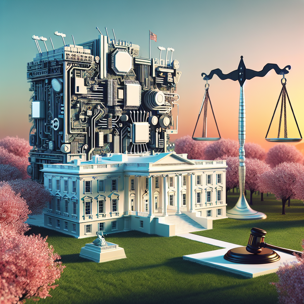 An intricate, non-identical representation of the White House situated amidst a serene landscape with cherry blossoms in full bloom. Nearby, a distinct futuristic complex designed with advanced technology, symbolizing the future of A.I. In the sky above, a balance scale, one side weighted with a computer chip, the other with a legal gavel, signifying the balancing act between innovation in A.I. technology and its regulation. This scene is depicted during sunrise, indicating the dawn of a new era in A.I. regulation.