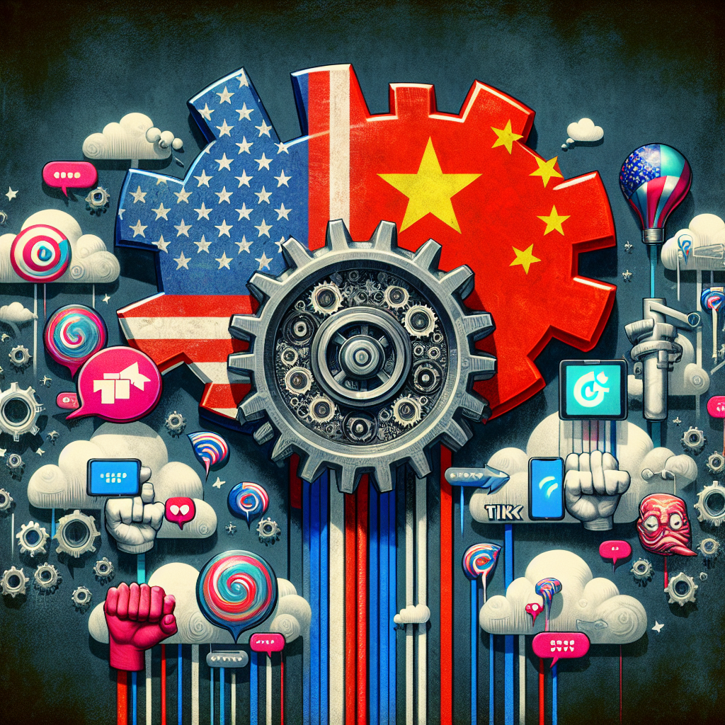 An abstract concept of a symbolic representation showing different facets of the US-China tech tensions. Depict the USA and China's flags draped over a symbolic, large tech gear. This can be placed in the center, signifying the technological sector. Attached to it, show various items like smartphone, tablet, and computer, each inscribed with the TikTok logo - embodying the controversy. On one side include imagery of dialogue speech bubbles to represent debates, discussions, while on the other, assertive hands shut in fists to embody tense atmosphere. Perhaps use thought clouds with gears to show the intellectual challenges.