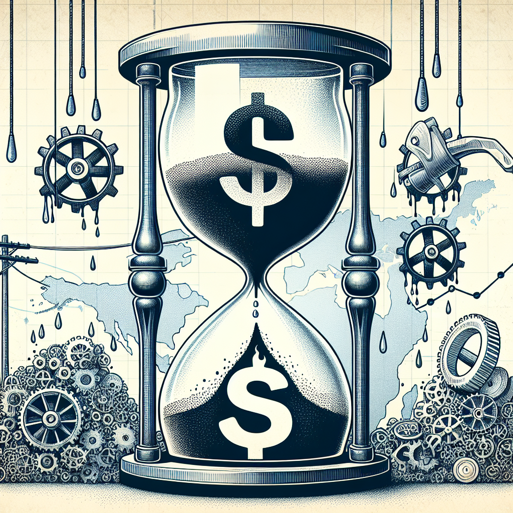 Visualize a giant hourglass with a dollar sign being engulfed by drips of oil inside it. Above the hourglass, illustrate a banner with bold text: 'Gas Prices Plunge.' Surrounding the hourglass, illustrate small, intricate gears in motion, representing the complex workings of energy policies. In the background, depict a faint map of the United States that sits subtly amidst the main image elements.