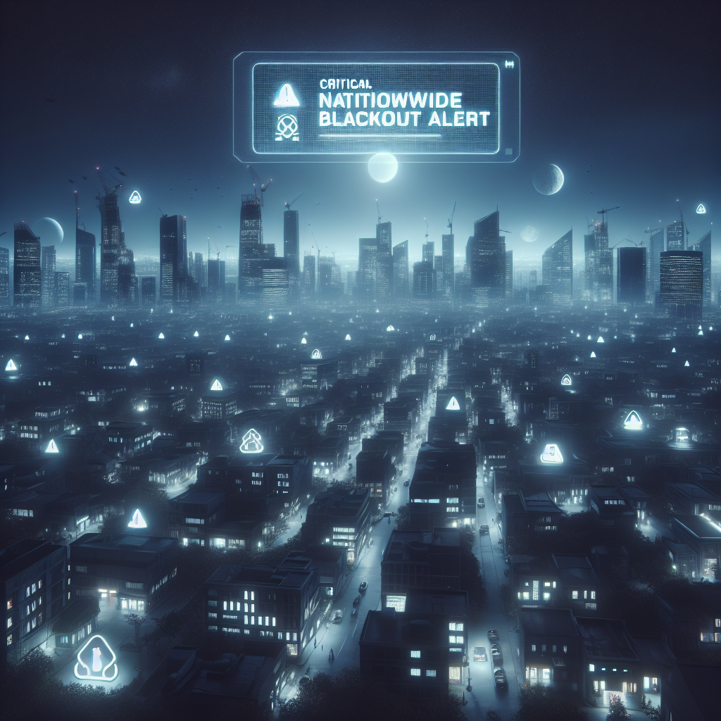 Envision an atmospheric nocturnal landscape of a vast city under a nationwide blackout. All buildings, streets, and iconic landmarks are devoid of light, signifying a power grid failure. The scene is further enhanced by multiple warning icons scattered throughout the image. A digital alert message hovers in the sky, flashing the phrase: 'Critical Nationwide Blackout Alert.' The only source of light is the pale glow of the moon casting long shadows over the metropolis. Also include a few bewildered people navigating the darkness, portraying different genders and descents in a harmonious way.