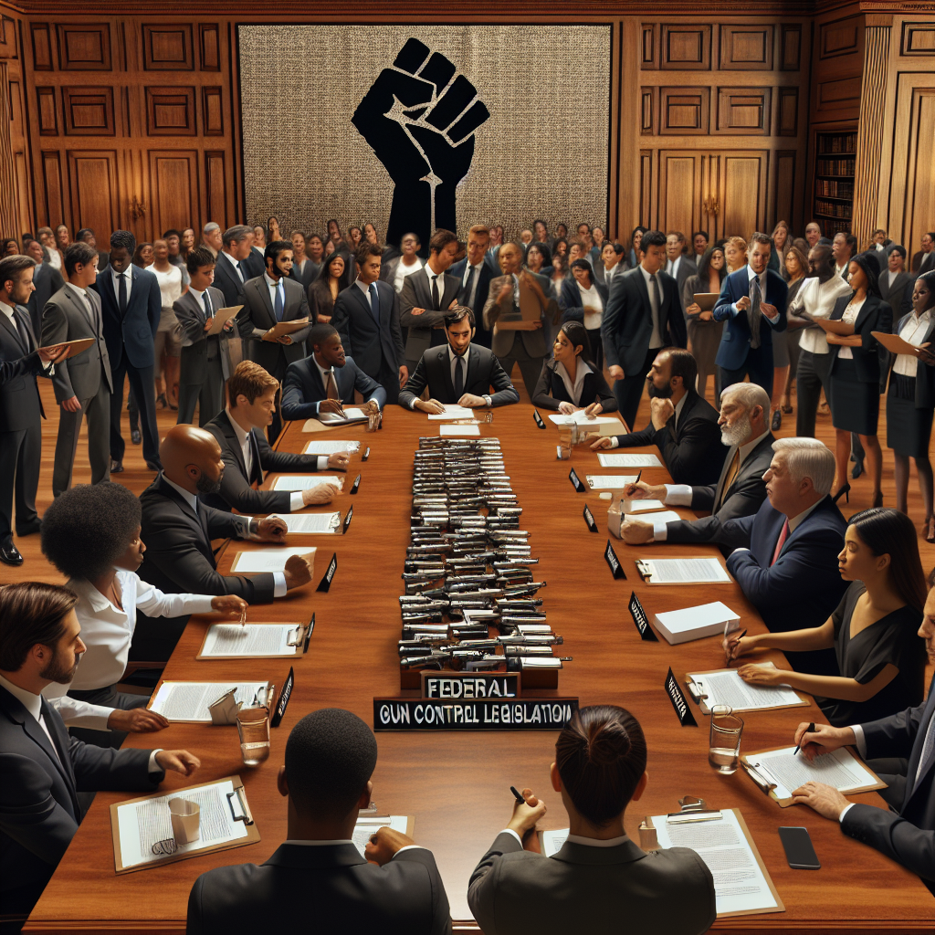Visualize an image of a large room with wooden decor. On one side, there is a long wooden table with papers related to gun control legislation strewn about. In the center of the table, there's a stack of documents labeled 'Federal Gun Control Legislation'. On the other side of the room, there's a large poster showing a powerful fist symbolizing 'Taking Positive Action Against Gun Violence'. Around the room, there are Caucasian, Hispanic, Black, Middle-Eastern, and South Asian individuals wearing formal attire, discussing animatedly and jotting down points. Everyone exudes an aura of determination and motivation for change.