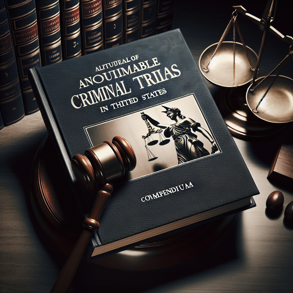 Generate an image of a court compendium concerning notable criminal trials in the United States. The book cover should exude an aura of gravity and significance, symbolizing the impact of these trials. Include a gavel, symbolic of judicial authority, resting on top of the compendium. In the background, include the scales of justice delicately balanced, embodying the principle of fairness in the judicial process. Further enhance the seriousness of the theme by using somber colors like navy blue and dark gray.