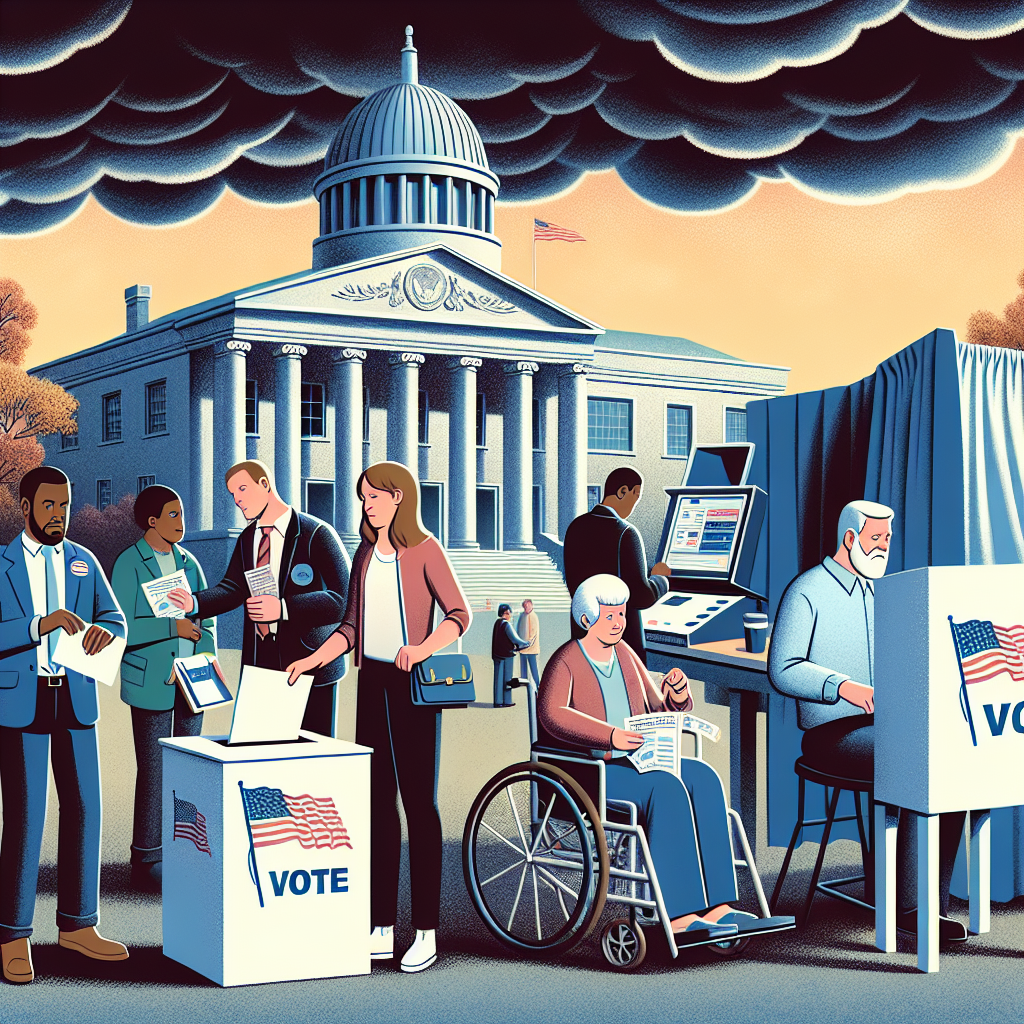 An illustrative scene for an article, representing changes to voting laws and the impact they have done from the aftermath of a US election. In the foreground, we see a diverse group of voters: a young Caucasian woman casting her vote in a ballot box, a Black male senior citizen holding a postal vote envelope, a Middle-Eastern male in a wheelchair reading a voter’s guide, and a South Asian woman using an electronic voting machine. In the background, there seems to be a large official building symbolizing governmental authority. Above, a storm clears, revealing a new day, representing the aftermath of the election.