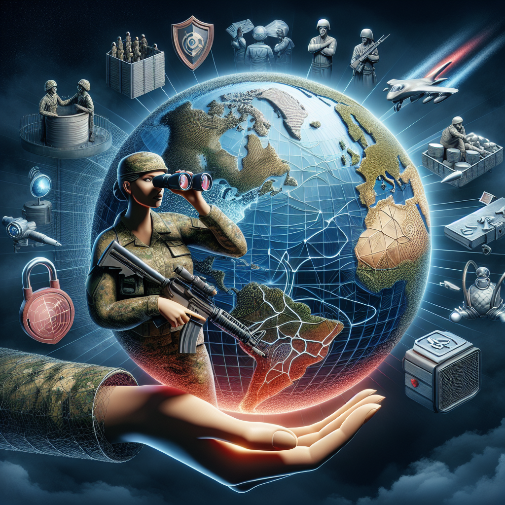 Imagine a symbolic representation of Enhanced Global Security. Visualize a large globe with highlighted continents illustrating the global reach. Overlaid on the globe, sculpt an array of military-related items like camouflaged uniforms, radar systems, and medical aid. Nearby, an allegorical figure representing Vital Strategies, a Caucasian woman in military attire, hold binoculars, indicating forward vision. The background illustrates different aspects of security: sturdy walls, a lock, a shield. Also show a helping hand extending from the figure towards the globe, indicating assistance. The scene conveys the concept of 'US Military Aid' without directly representing a specific country.