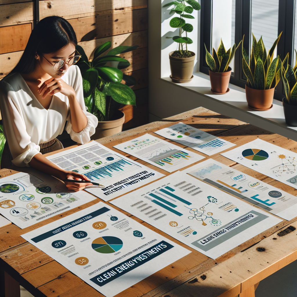 Visualize a well-organized, eco-friendly office space with paperwork related to clean energy investments on the desk. The paperwork includes diagrams, graphs, and infographics, clearly depicting the economic benefits of these investments. The setting is bright, symbolizing a hopeful, positive future, with strategically placed, healthy houseplants, subtly emphasizing sustainability. The desk itself is made from repurposed wood. An Asian woman in professional attire is thoughtfully perusing the documents. Make sure the text 'Climate Change Legislation: Best Practices for Clean Energy Investments' is present somewhere, possibly as a bold, contrasting title at the top or bottom.