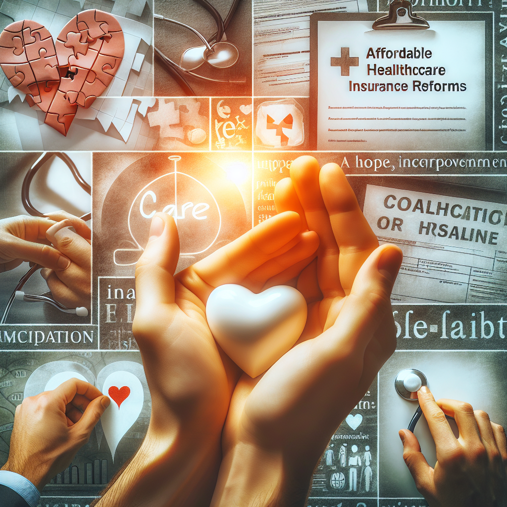 Picture this: a close-up view of hands gently holding a small, symbolic heart, representing empathy and care. Surrounding, conceptual imagery reflects the changes in American healthcare: paperwork penning 'Affordable Healthcare Insurance Reforms', a stethoscope, a pill bottle. In the background, a faded image of a hospital sign. Infused within the scene, subtle symbols of unity and change: puzzle pieces coming together, a winding path leading to a sunrise, a mural with encouraging words like 'hope', 'improvement', and 'accessibility'.