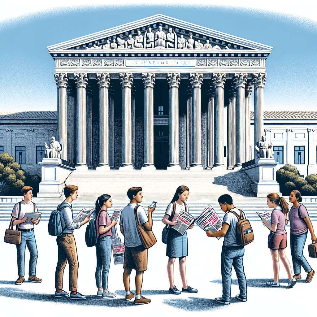 One of the most important buildings in the United States, the Supreme Court, stands tall against the blue sky. It's a symbol of justice with its large white pillars and grand architecture. Nearby, people of various genders and descents, carrying newspapers and digital tablets, are engaged in deep conversation. They're discussing the day's happenings, their faces filled with surprise and interest. In the foreground, a bold headline on a newspaper stands out: 'Unprecedented Judgments - Must-Read!'