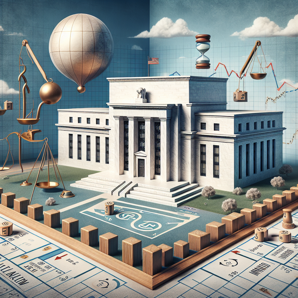 An abstract representation of the Federal Reserve in the form of a large, neoclassical building with massive columns. Surrounding the building, depict symbolic elements such as a balance scale, representing interest rate decisions, and an hourglass, representing management of time. Nearby, visualize the concept of inflation with a large balloon inflating. Also, incorporate a boardgame-like path with markers, symbolizing different strategies. The scene is set against a background of a blues sky with clouds. This image should communicate the delicate balancing act of managing inflation using strategic decisions.