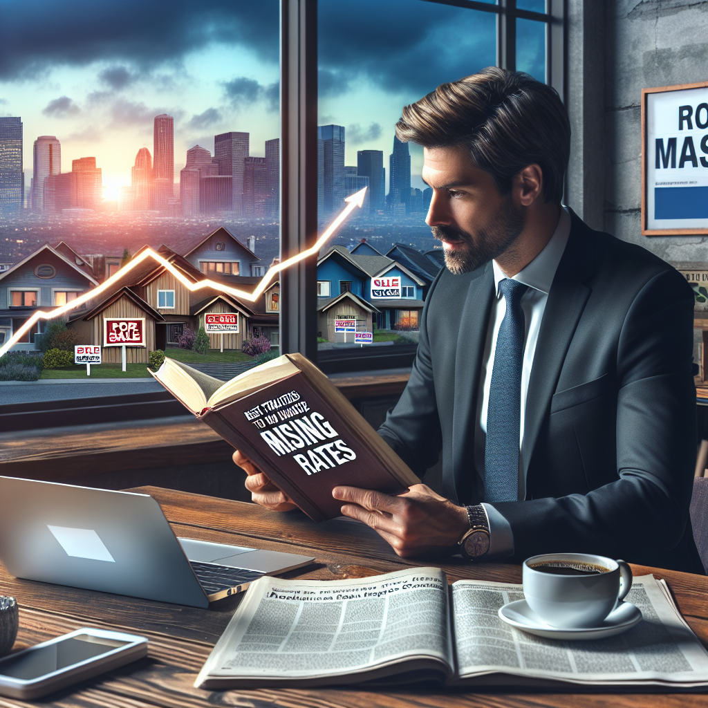 A Caucasian male in his fortified apartment, flipping through a book titled 'Best Strategies to Navigate Rising Mortgage Rates'. Behind him, a window illustrates the cityscape with for sale signs on every house. On his wooden table, a cup of coffee and newspaper headline reading 'US Housing Market Crisis' are visible. A chart on his laptop shows rising mortgage rates, represented by an upward trend arrow.