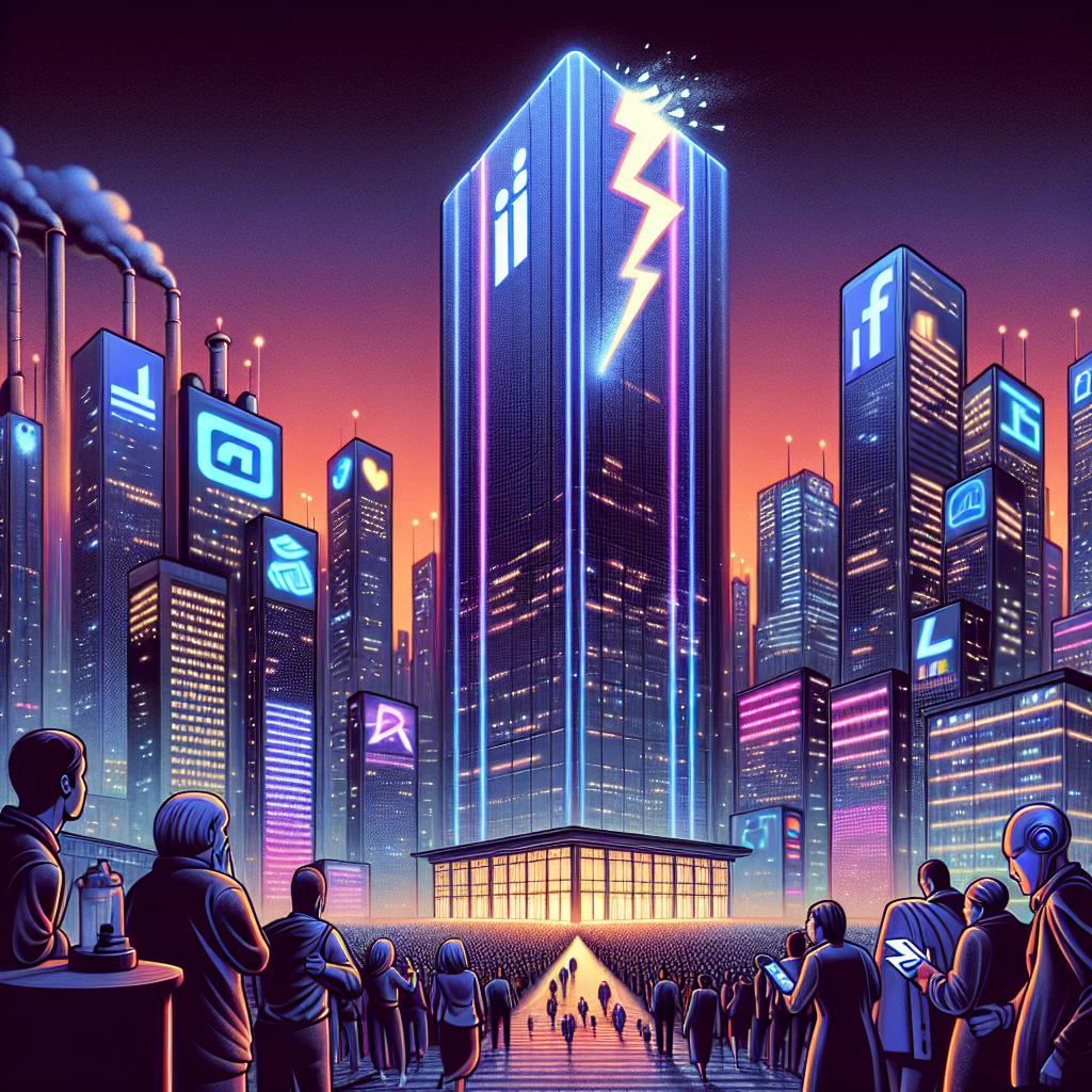 An illustrative interpretation depicting the metaphor of 'Tech Giants Hit Hard'. Picture a large AI-driven futuristic cityscape at night full of neon lights, with towering skyscrapers bearing giant tech logos. One of the skyscrapers is being struck by a symbolic lightning bolt representing 'hard hit'. The sidewalk is filled with a diverse crowd of people of different genders and descents, all dressed in corporate attire, symbolizing the 'layoff woes'. They are stunned, shocked, and in despair, expressing anxiety and worry about the uncertain future.