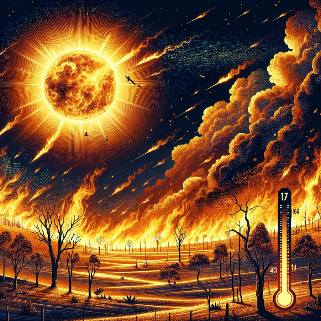 Visualize a dramatic scene depicting a vast landscape under an extreme heatwave. The merciless sun hangs in the sky, radiating intense heat on the barren trees, causing spontaneous fire outbursts. Smoke whirls up from isolated spots, marking the inception of wildfires. Include a digital temperature scale in the corner signifying the soaring temperatures. The entire scene should emphasize the urgent nature of climate change and incite a sense of emergency. The coloring should be in bold tones of orange, yellow and red symbolizing the severity of the situation.