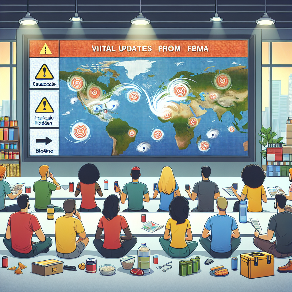 An engaging illustration for an informative article, showcasing the concept of vital updates during the hurricane season. The image should capture a diverse group of individuals from various descents such as Caucasian, Asian, Middle-Eastern, and Black, both male and female, all attentively following the updates from FEMA. They are in a spacious, well-lit room with a large screen displaying a weather map with hurricane symbols and progression paths. Other details include emergency supplies, like batteries, canned food, and flashlights, scattered around implying preparation for the storm.