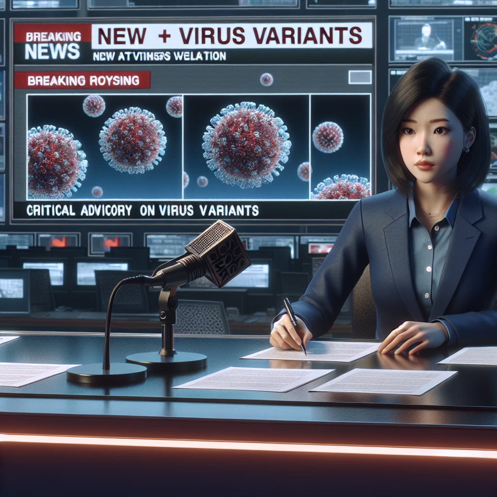 A detailed representation of a newsroom scene depicting a breaking news broadcast situation. An Asian female newscaster sitting behind the news desk, expression serious and focused, is reporting on recent health developments. Visible on a large screen behind her is a graphic illustrating viral cells with labels indicating new variations of a virus. The chyron at the bottom of the screen announces 'Critical Advisory on New Virus Variants'. On the table in front of her we see some papers and a microphone.