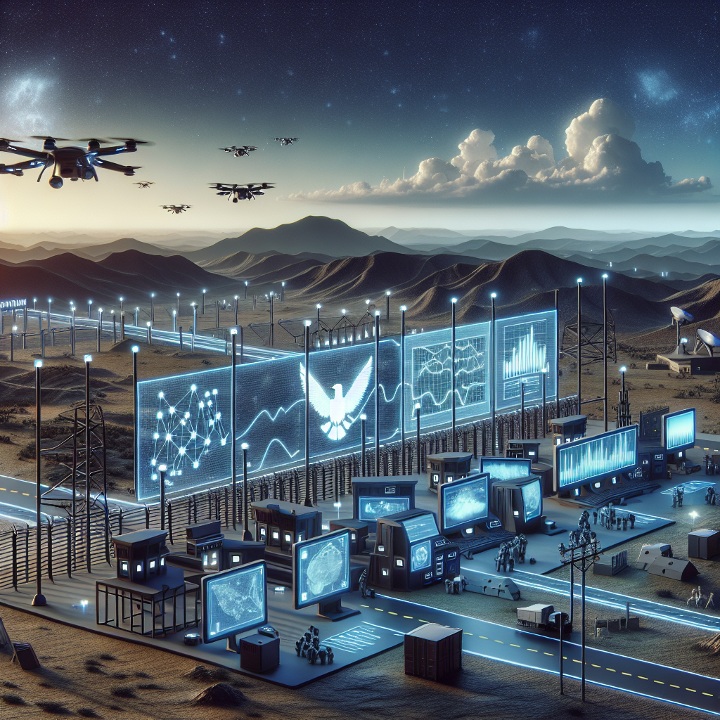 Imagine an abstract scene illustrating the concept of border security upgrades for US immigration. This could include modern technologies like advanced surveillance cameras, infrared sensors, and motion detectors set up in a vast desert area, with imposing but non-threatening structures representing immigration facilities. An array of digital screens showing satellite images and data analysis graphs could suggest improved managing and tracking systems. Drones could be seen patrolling the border line, representing real-time monitoring. Remember to maintain a balanced, unbiased, and neutral commentary on the topic through this illustration.