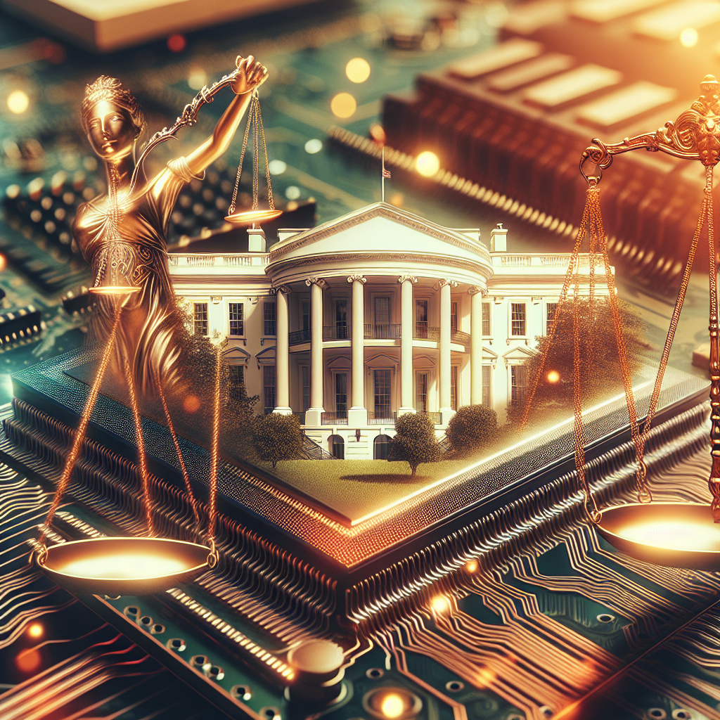 A conceptual image illustrating the theme of artificial intelligence regulation. The image features a large, intricate computer motherboard overlaid with symbolic legal scales of justice. Both elements are bathed in the warm glow of sunlight, suggesting hope and optimism. An iconic representation of the White House stands in the background, dwarfed by the technological and legal imagery to emphasize the challenge of governance in the face of rapid technological advancements.