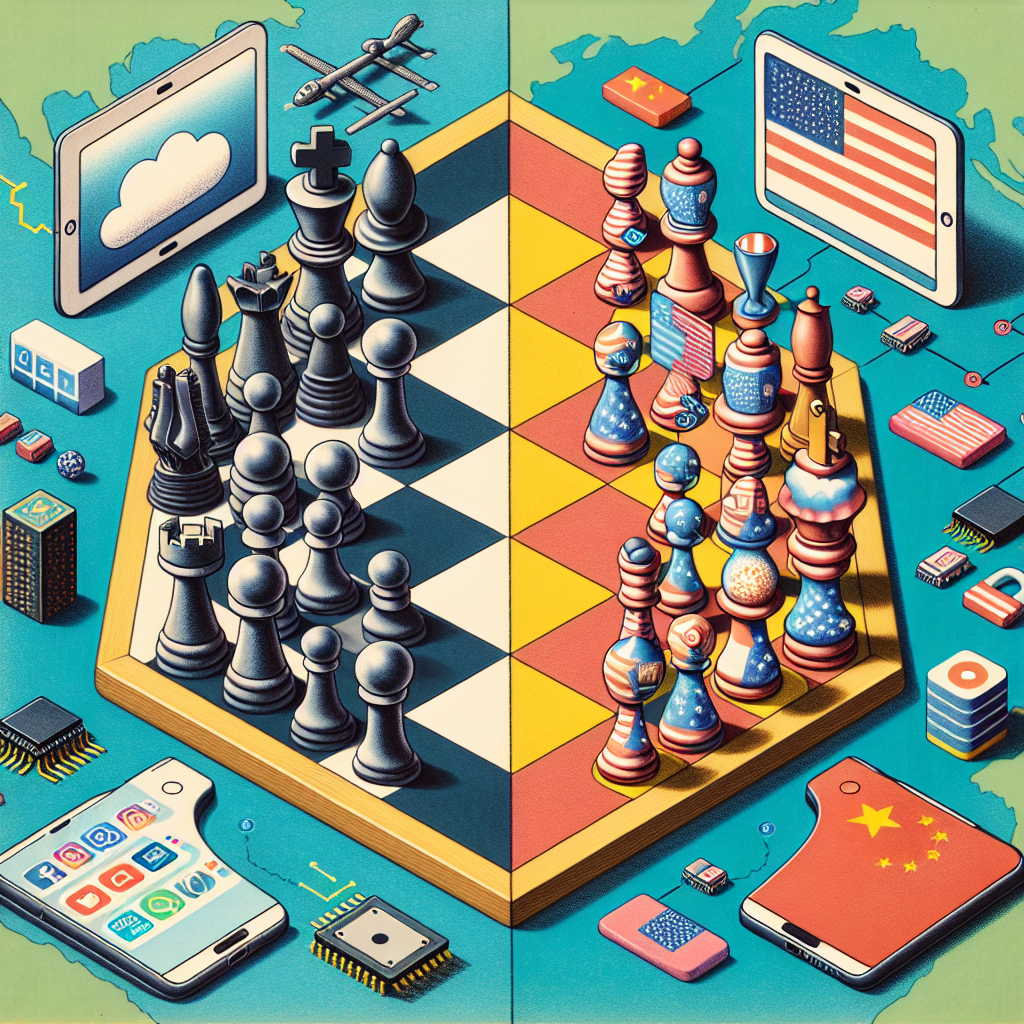An illustrative prompt featuring a metaphorical representation of tech tensions between USA and China. Picture a digital chessboard where the chess pieces are replaced by symbolics of technology tools, apps, and devices. On one side of the board, we see tech elements representative of American ingenuity, such as a chip, a cloud symbol, and a laptop. On the other side of the board, there are tech elements emblematic of Chinese advancements, such as a mobile phone with social media apps, AI icons, and a drone. The chessboard sits on a map that emphasizes the USA and China territories. The atmosphere should hint at competition but also respect between the two sides.