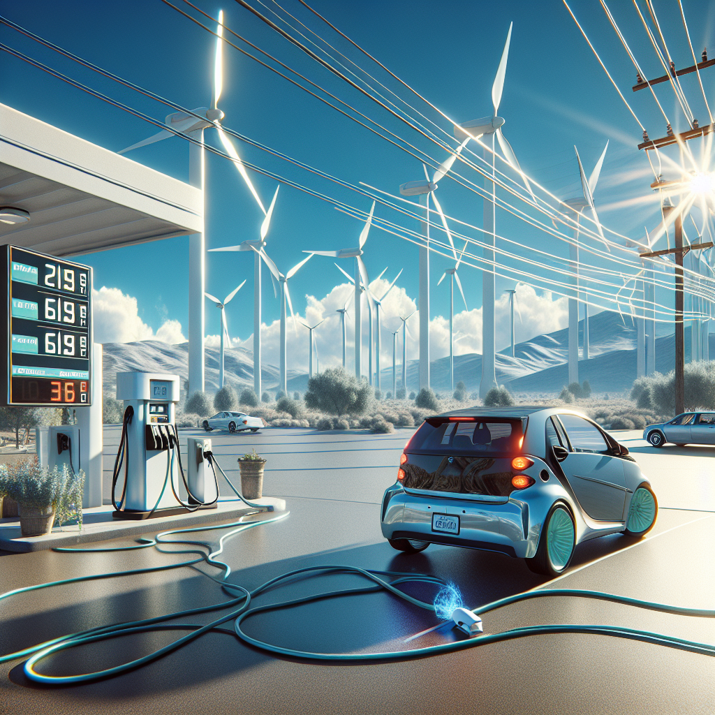 Visualization of a gas station in a suburban American setting, with a digital signs showing elevated gas prices. In the background, a series of wind turbines symbolize the shift towards renewable energy. The blue sky overhead is slightly clouded, with the sun beaming through the clouds casting its golden light over the landscape. An electric car is parked near the gas station, signifying the transition people are making amidst energy policy changes. The wires leading from the wind turbines merge with electric lines passing overhead, connecting to the charging point of the electric car.