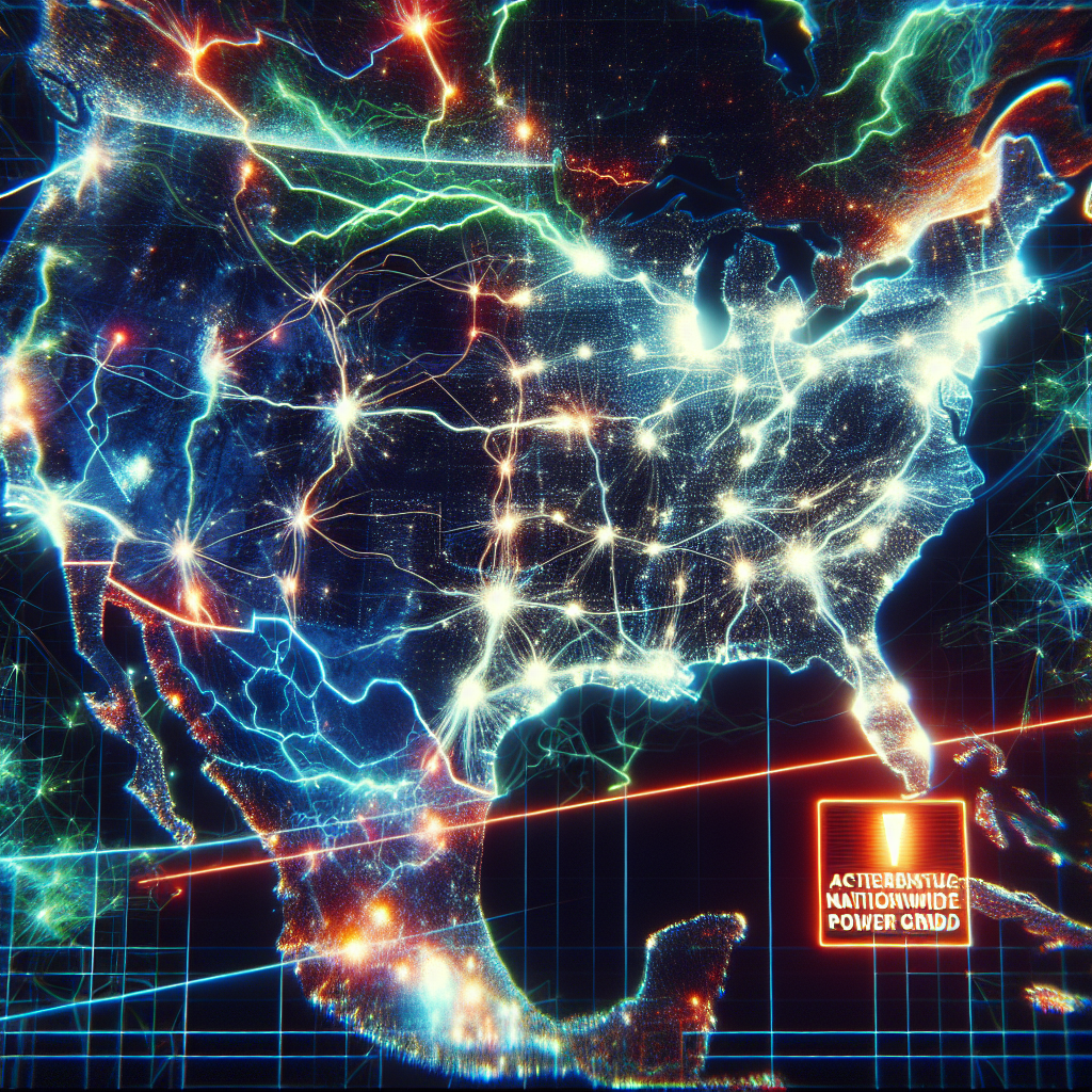 Visualize a dramatic scene of a nationwide power grid. The scene should depict a wide area map of the United States with vibrant lines representing the interconnected power grid. Suddenly, the lines begin to flicker and gradually fade to darkness, symbolizing the power failure. Also depict a digital alert system in the corner, flashing an urgent message about a critical nationwide blackout. The atmosphere should be tense, and the overall scene should depict the gravity of such a power grid failure situation. However, please refrain from creating any panic-evoking imagery.