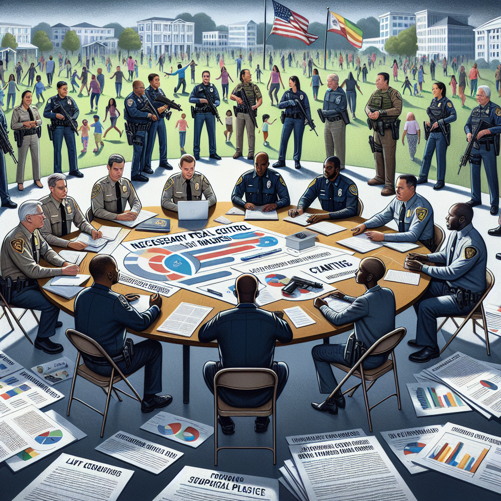 An informative image that visualizes the concept of necessary federal control measures against gun violence. In the foreground, there's a diverse group of law enforcement personnel of varying descents like Caucasian, Hispanic, Black, Middle-Eastern, and South Asian, half of them are female and half male, discussing strategies around a table filled with legislative documents, charts, and maps. The background could feature an abstract representation of a peaceful community with families enjoying in a park with children playing, signifying the aim of these control measures. Please avoid any violence or specific individuals in the image.