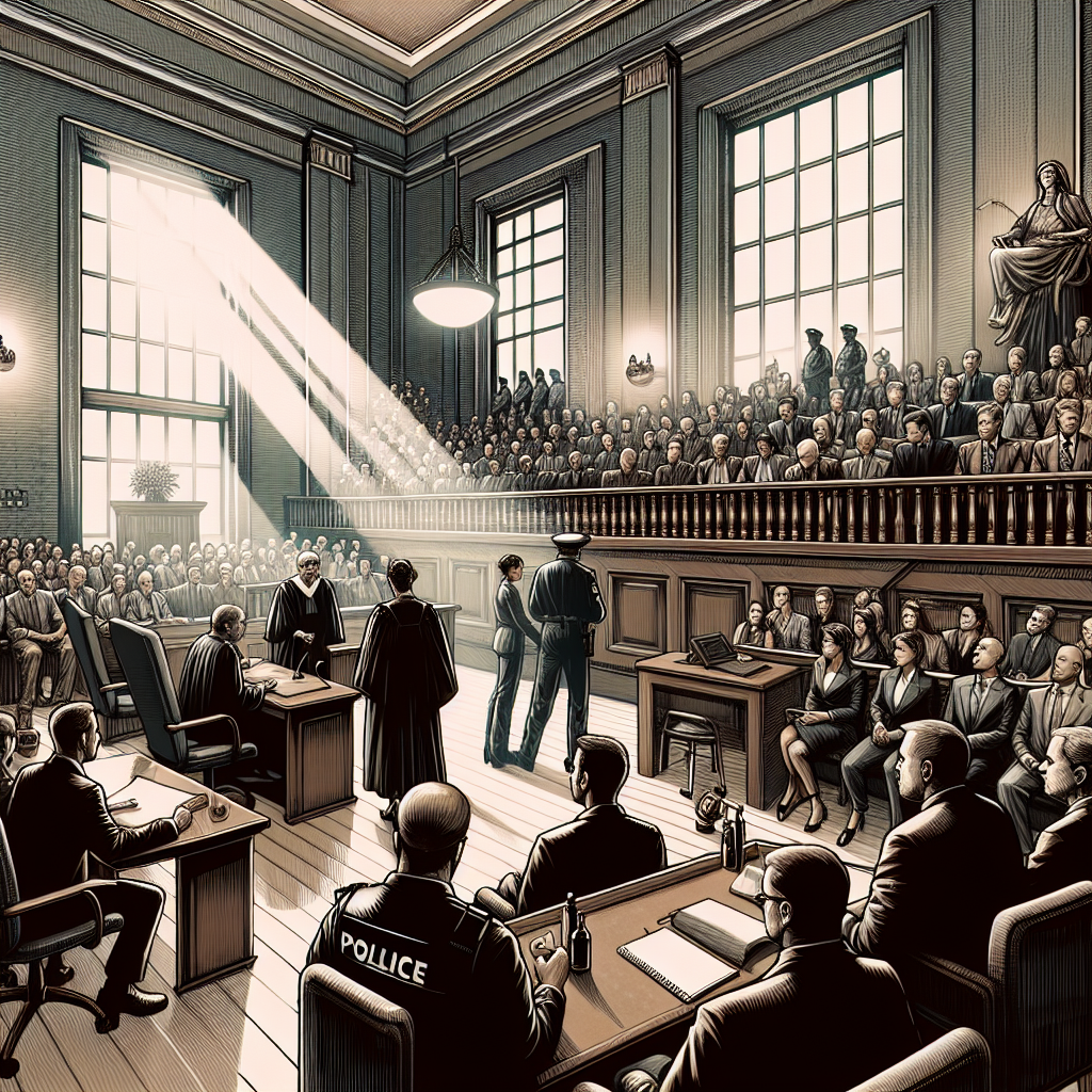 Generate an illustrative image depicting an intriguing scene of a high-profile courtroom. Imagine an intense atmosphere with lawyers in heated discussions, a stern judge presiding over the proceedings, and an engrossed jury paying rapt attention to the unfolding arguments. Let the depiction be void of specific people or trials but rather signify the gravity, complexity, and captivation associated with high-profile criminal trials. Police officers should be present for added security. Ensure the setting is contemporary, with typical courtroom elements like the judge's bench, witness stand, jury box, and spectator seating.