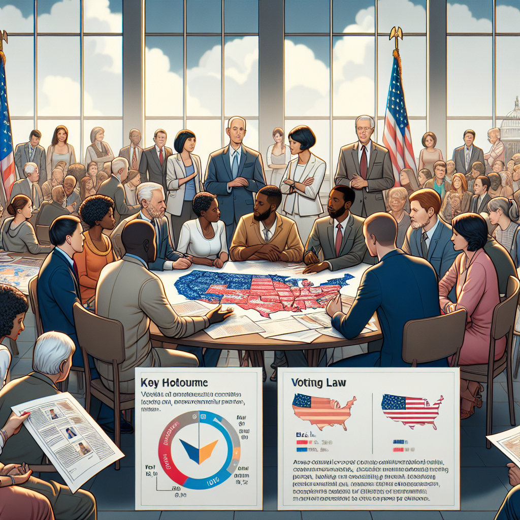 Illustrate an image centered on the theme of democratic processes. Visualize a scene with a diverse group of people gathered around a large table with maps, charts, and various informational documents scattered about. Ensure the diversity within the group, presenting Caucasian, Hispanic, Black, Middle-Eastern, South Asian, and White individuals. The group should be discussing passionately but respectfully, embodying the spirit of democracy. The background environment should be a spacious, light-filled room, resonating a feeling of openness, understanding, and transparency. Additionally, include an infographic in the corner of the image highlighting key voting law changes.