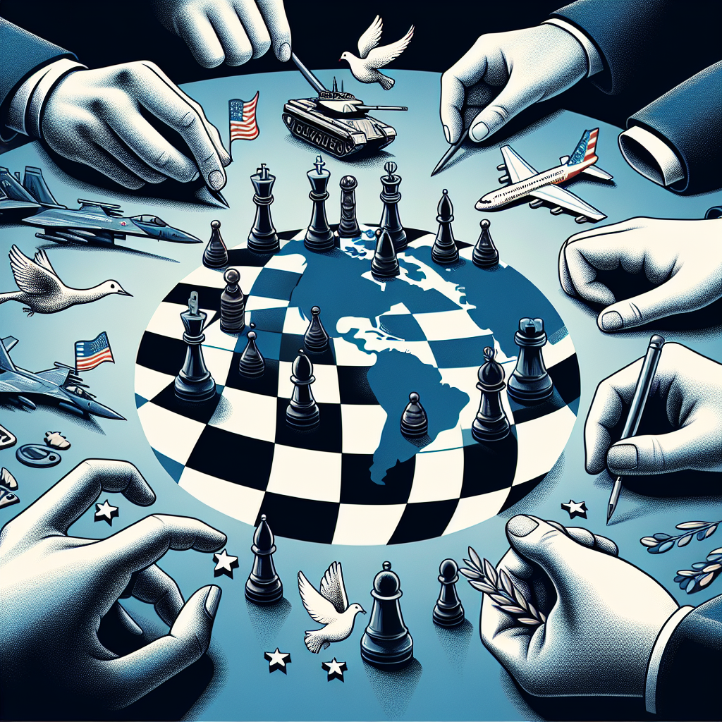 An illustrated scene representing United States military aid strategies. The image portrays a table with a globe and chess pieces, each chess piece representing different military assets such as soldiers, tanks, and aircrafts. The chess pieces are strategically placed on the globe. Additionally, Hands of a Caucasian and a Hispanic individual are seen moving the pieces on the globe which signifies their discussion on strategy. Depict abstract symbols of security and peace such as doves and olive branches surrounding the globe.