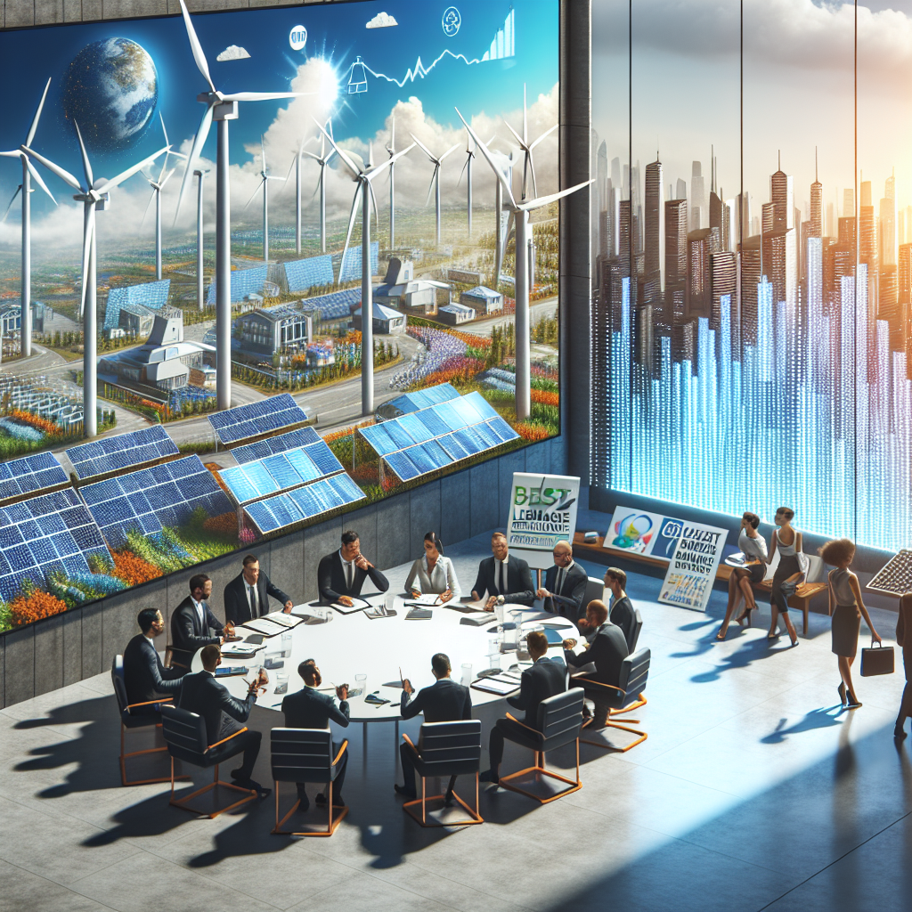 A scene of a bright, futuristic cityscape powered by varied sources of clean energy. The forefront shows a wind farm with rotating turbines, while solar panels glisten on every rooftop under a clear blue sky. Men and women of different descents, dressed as legislators and investors, are gathered around a roundtable, engaged in discussion. Their expressions reflect optimism and determination. A poster on the wall displays a graph, depicting the upward trend in clean energy investments. On the side, there's a book titled 'Best Climate Change Legislation'.