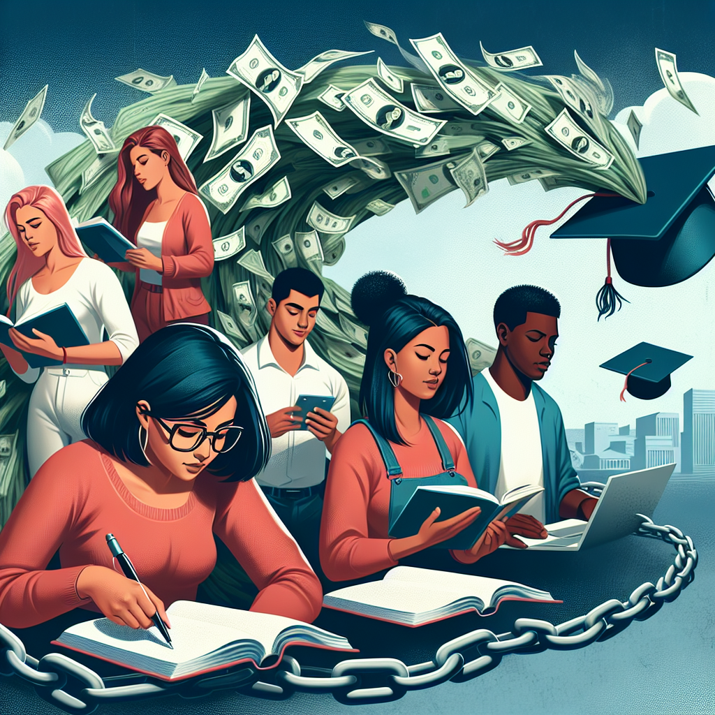 A smoothly flowing illustration depicting the concept of student loan forgiveness. In the foreground, show a diverse group of students: a young Hispanic woman with spectacles and holding books under her arm, a Middle-Eastern man busy writing in a notebook, a South Asian woman holding a laptop, and a Black man carrying a backpack. Behind them, show the bold, block letter phrase 'Effortless Repayment Updates' eroding the heavy chains of the loans which are breaking away. Additionally, portray countless banknotes transforming into graduation caps fluttering in the air, signifying the relief and transition from financial burden to educational success.