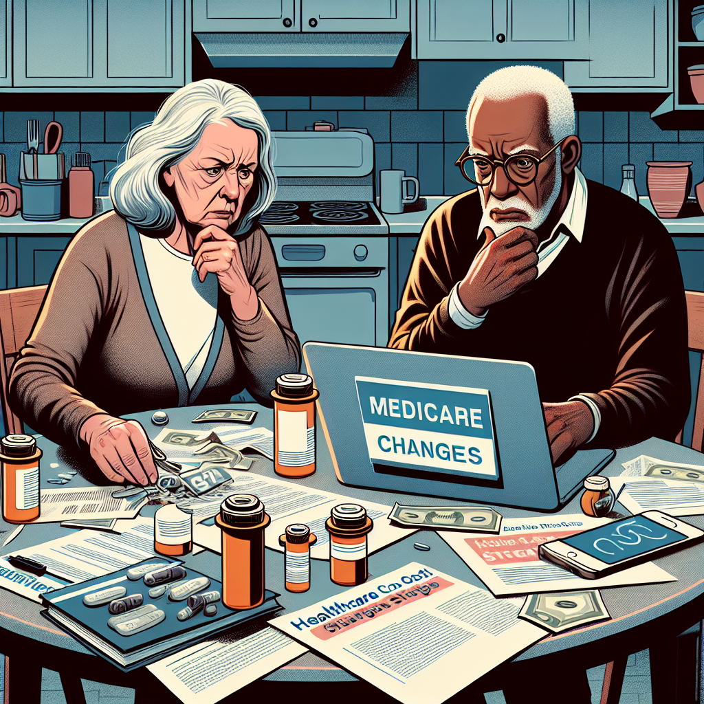 An illustration showing a Caucasian senior woman and a Black senior man sitting at a kitchen table littered with medical paperwork and prescription bottles. They are deep in thought, consulting a laptop where 'Medicare changes' is visible on the screen. On the side, a pair of glasses rests on a book titled 'Healthcare Cost Strategies'. The room has a sense of urgency and the atmosphere is serious. The goal is to visualize the struggle seniors face when dealing with recent changes in healthcare costs.